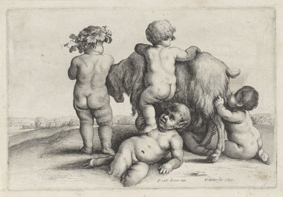 Quatro meninos, um sátiro e uma cabra Putti e Sátiros (título da série) de Wenceslaus Hollar