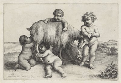 Quatro rapazes, um sátiro e um bode de pé à direita
Putti e satyrs (título da série) de Wenceslaus Hollar
