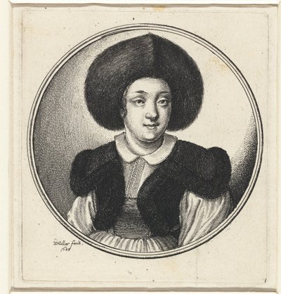 Mulher com chapéu de pele
Bustos femininos em armações redondas (título da série) de Wenceslaus Hollar