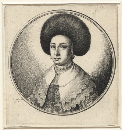Mulher com colarinho de renda, brincos e chapéu de pele
Bustos femininos em armações redondas (título da série) de Wenceslaus Hollar