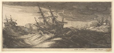 Navio de guerra e uma baleia jorrando, 1665. de Wenceslaus Hollar