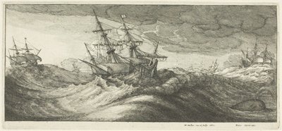 Navios de guerra e uma baleia jorrando de Wenceslaus Hollar