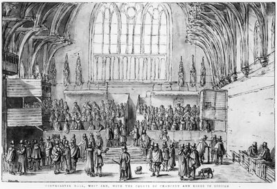 Westminster Hall, West End, com os Tribunais de Chancelaria e Reis em Sessão de Wenceslaus Hollar