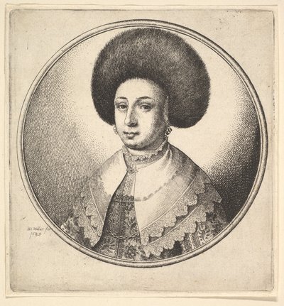 Mulher com grande chapéu circular de pele e brincos, 1645. de Wenceslaus Hollar