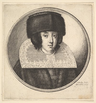 Mulher com gola de renda rígida e chapéu de pele chato, 1645. de Wenceslaus Hollar