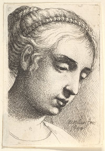 Mulher com colar de pérolas no cabelo, olhando para baixo para a direita, 1645. de Wenceslaus Hollar