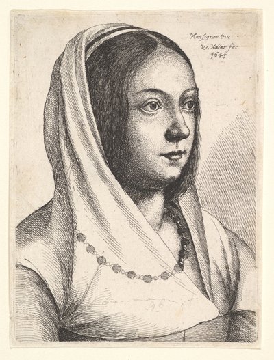 Jovem mulher com um lenço na cabeça, depois de Bonsignori, 1645. de Wenceslaus Hollar