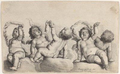 Três querubins e dois meninos, cada um levantando um braço nas nuvens de Wenceslaus Hollar, after Peeter van Avont