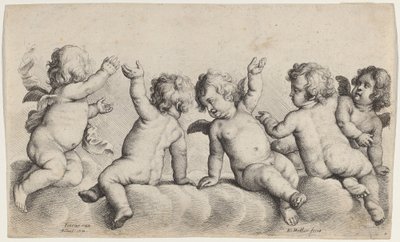 Três querubins e dois meninos nas nuvens de Wenceslaus Hollar, after Peeter van Avont