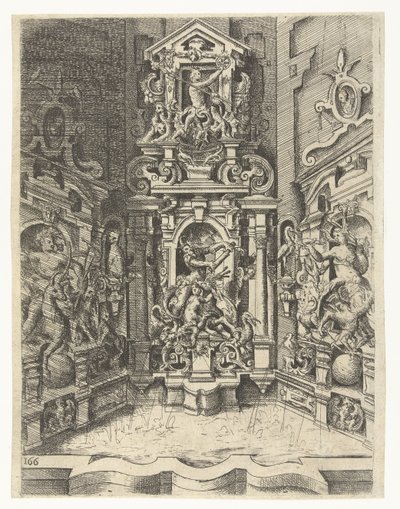 Grande fonte construída entre três paredes
Fontes, poços, lareira, capitéis, janelas e retábulos (título da série) de Wendel Dietterlin (I)