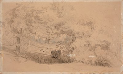 Paisagem florestal com cavalo e carroça ; Paisagem florestal, homem a pescar numa ponte sobre um riacho (trabalho de dupla face) de Werner Holmberg