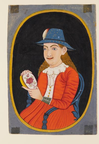 Mulher europeia, provavelmente holandesa, segurando uma caixa esmaltada de West Indian School