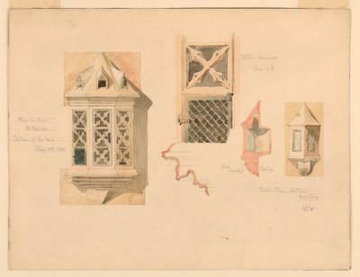 Desenho, representação de duas lanternas de pedra, do castelo de Amboise, França, 14-15 de junho de 1888 de Whitney Warren Jr.