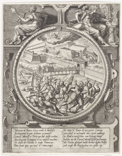 As tropas de Bourse expulsam os soldados alemães de Treslong e Merville da cidadela, 1577
Medalhões que representam a captura da cidadela de Antuérpia em 1577 (título da série) de Wierix