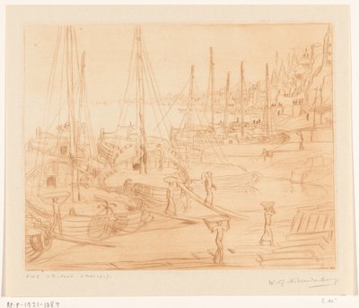 Navios ancorados na margem do Ganges em Benares Ships Unloading II (título original) de Wijnand Otto Jan Nieuwenkamp (signed by artist)