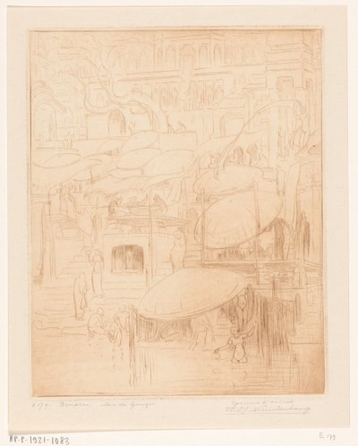 Homens e mulheres tomando banho e rezando nas margens do Ganges em Benares Orando e Orando (título original) No Ganges (título no objeto) de Wijnand Otto Jan Nieuwenkamp (signed by artist)