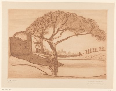 Árvore por uma lagoa perto do Cairo Perto do Cairo (título original) Cairo (título no objeto) de Wijnand Otto Jan Nieuwenkamp (signed by artist)