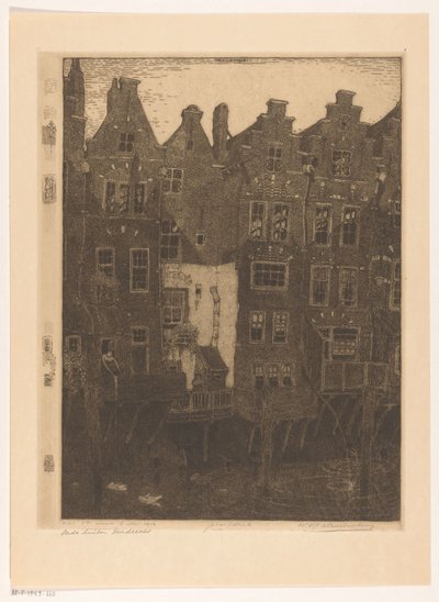 Casas no Voorstraathaven em Dordrecht O canal, Dordrecht (título original) Casas antigas, Dordrecht (título no objeto) de Wijnand Otto Jan Nieuwenkamp (signed by artist)