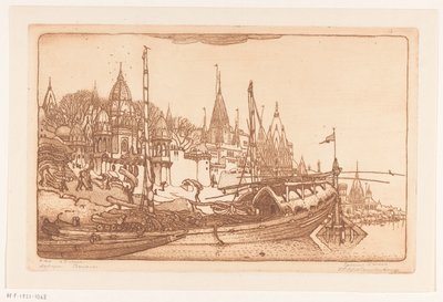 Navio com lenha na margem do Ganges em Benares Navio com lenha, Benares (título original) Navios, Benares (título no objeto) de Wijnand Otto Jan Nieuwenkamp (signed by artist)
