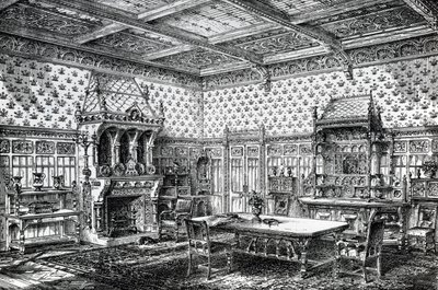 Design para uma sala de jantar gótica, publicado em The House-Furnisher & Decorator, 1 de setembro de 1872 de Wilberforce Haddon
