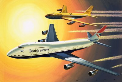 Boeing 747 com Boeing 707 em fundo de Wilf (20th century) Hardy