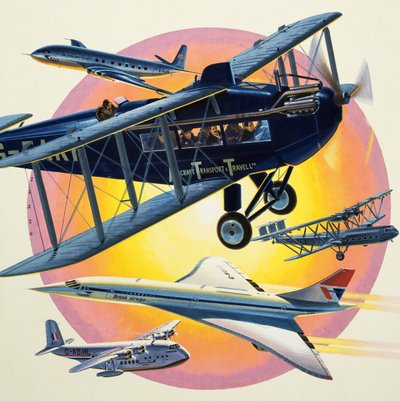 Montagem de aviões de passageiros, incluindo o Concorde (guache sobre papel) de Wilf (20th century) Hardy