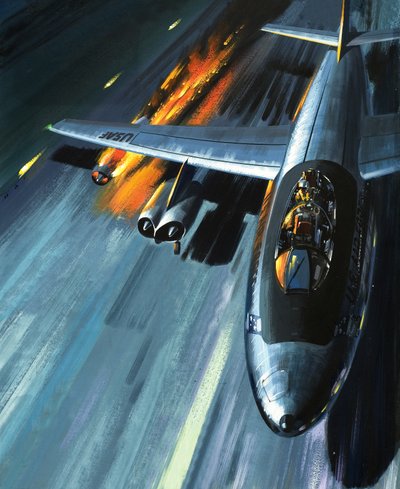 Pesadelo num bombardeiro em chamas, ilustração de "Homens e Máquinas de Wilf (20th century) Hardy