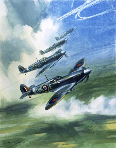 Voo de patrulha do Esquadrão 416, Força Aérea Real Canadiana, Spitfire Mark 9s (guache sobre papel) de Wilf (20th century) Hardy