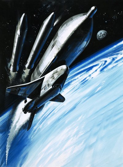 O vaivém espacial no momento em que se desprende de dois dos seus motores de foguetão de Wilf (20th century) Hardy
