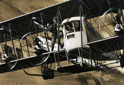 Dois tripulantes entre os fios e os suportes de um bombardeiro Ilia Mourometz II a apagar um incêndio no motor de Wilf (20th century) Hardy