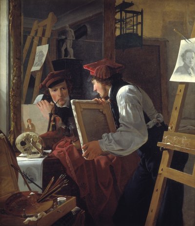 Um jovem artista (Ditlev Blunck) examinando um esboço em um espelho de Wilhelm Bendz