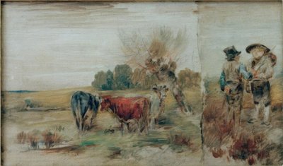 Doppelbild: Vacas no pasto, dois fazendeiros conversando de Wilhelm Busch