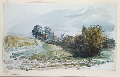 Caminho entre um campo de trigo e arbustos, com casas de campo ao fundo de Wilhelm Busch