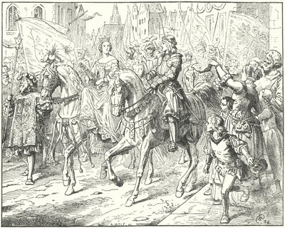 Arquiduque Maximiliano, o futuro Imperador Romano Sagrado Maximiliano I, com a sua noiva, Maria de Borgonha, em Gante de Wilhelm Camphausen