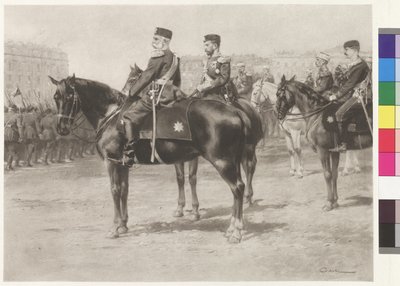 O imperador Francisco José I e o czar Nikolaus II no desfile no Champ-de-Mars em São Petersburgo de Wilhelm Gause