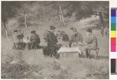 Grupo de caça - O imperador Francisco José à mesa com o príncipe Leopoldo da Baviera e o grão-duque Fernando IV da Toscânia de Wilhelm Gause
