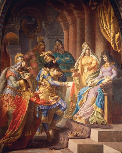 Gudrun consente em casar com Átila, Rei dos Hunos, da Saga Gudrun, Upper Hall, c.1883-84 (mural) de Wilhelm Hauschild