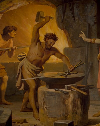 Sigurd vai para o anão Mime, da Saga Sigurd, salão inferior, c.1882-83 (mural) de Wilhelm Hauschild