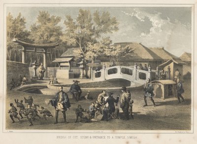 Ponte de pedra cortada e entrada para um templo, Simoda, 1855 de Wilhelm Joseph Heine