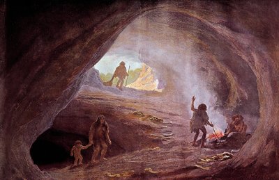 Pré-história: cavernas durante o período glaciar. De uma pintura de W. Kranz, século XX. de Wilhelm Kranz