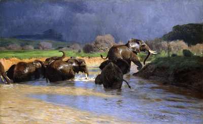 Banho de elefantes; Banhando Elefantes, 1908 de Wilhelm Kuhnert