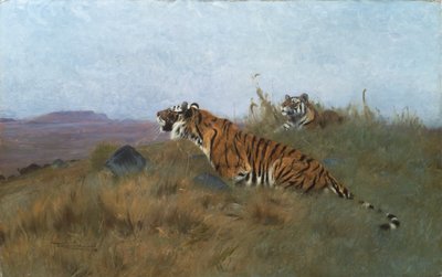 Tigres a perseguir a sua presa (pintura) de Wilhelm Kuhnert