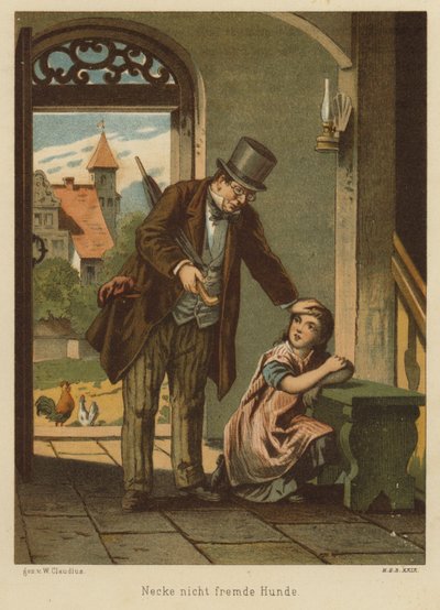 Pai consolando a filha depois que ela sofreu as consequências de provocar um cachorro (lito colorido) de Wilhelm Ludwig Heinrich Claudius