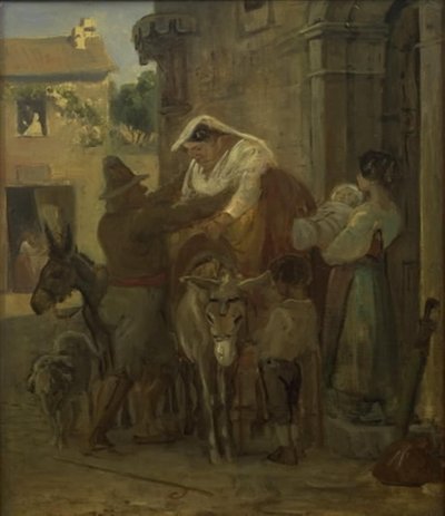 Uma mulher romana robusta sendo ajudada a montar um burro de Wilhelm Marstrand