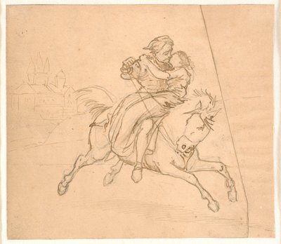 O rapto. Casal de equitação, ao fundo castelo ou castelo de Wilhelm Marstrand