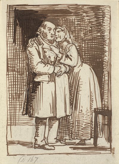 A esposa desleixada Uma esposa fala urgentemente com seu velho marido e tem os braços em volta do pescoço de Wilhelm Marstrand