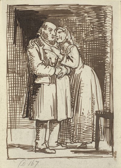 A esposa desleixada Uma esposa fala urgentemente com seu velho marido e tem os braços em volta do pescoço de Wilhelm Marstrand
