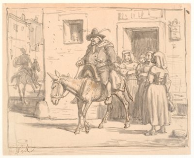 Dom Quixote e Sancho Pança saem da taberna de Wilhelm Marstrand