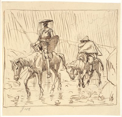 Dom Quixote e Sancho Pança cavalgam na chuva de Wilhelm Marstrand