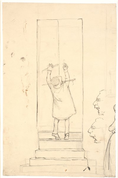 Um homem pequeno fica na ponta dos pés para abrir uma porta com um martelo. Esboço de perfis e mulher de Wilhelm Marstrand